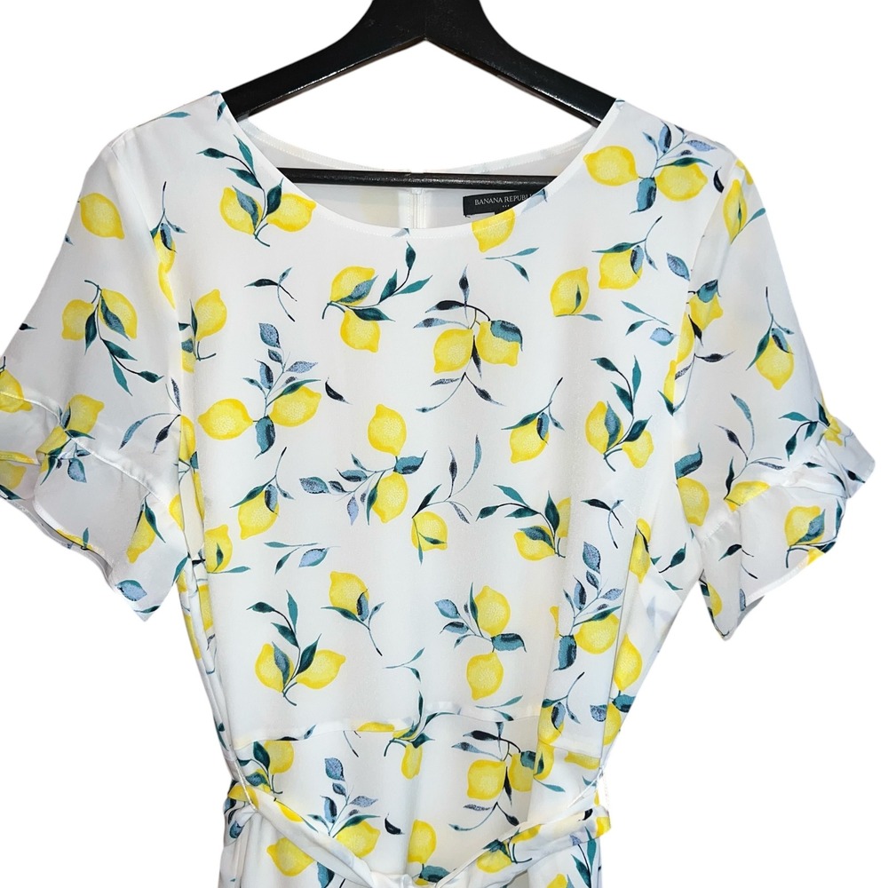 Banana Republic Lemon Print Mini Dress Size 14 White Yellow Ruffle Tie Waist - Picture 3 of 15